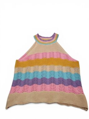 THML Striped Geometric Crochet Halter Top in Beige, Pink, Mustard, Blue & Purple